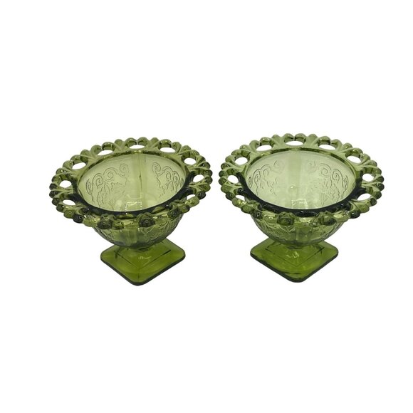 Vintage Green Glass Dessert Bowls Set Of 2 With Decorative Rim  Floral Design - Picture 2 of 15